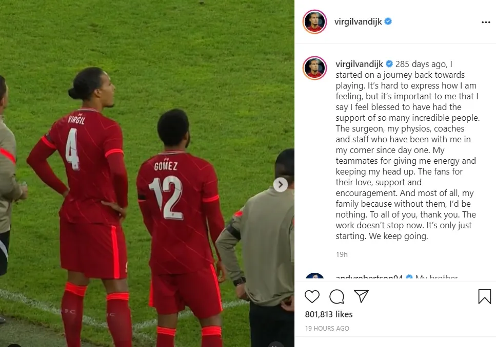 Van Dijk viết thông điệp đầy cảm xúc khi trở lại Liverpool sau chấn thương ảnh 1