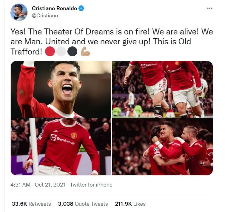 Ronaldo khẳng định Man United 'không bao giờ bỏ cuộc' sau câu chuyện cổ tích ở Old Trafford ảnh 1