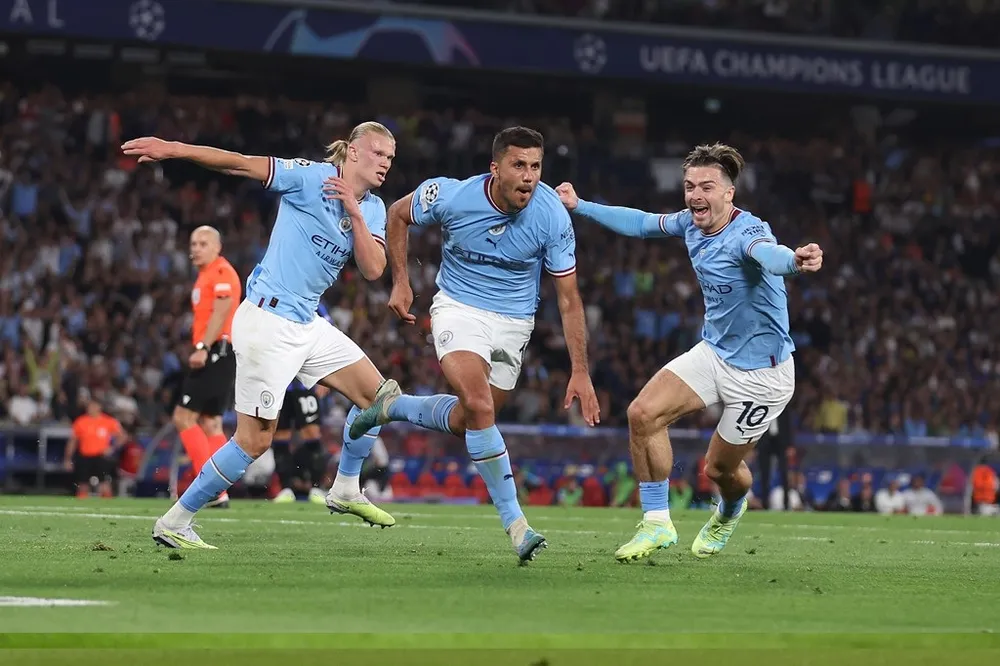 Erling Haaland, Rodri và Jack Grealish ăn mừng bàn thắng