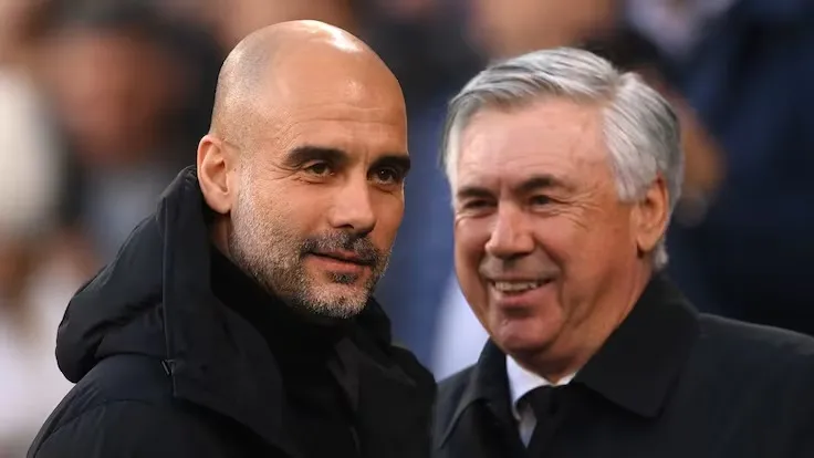 HLV Carlo Ancelotti (phải) và Pep Guardiola