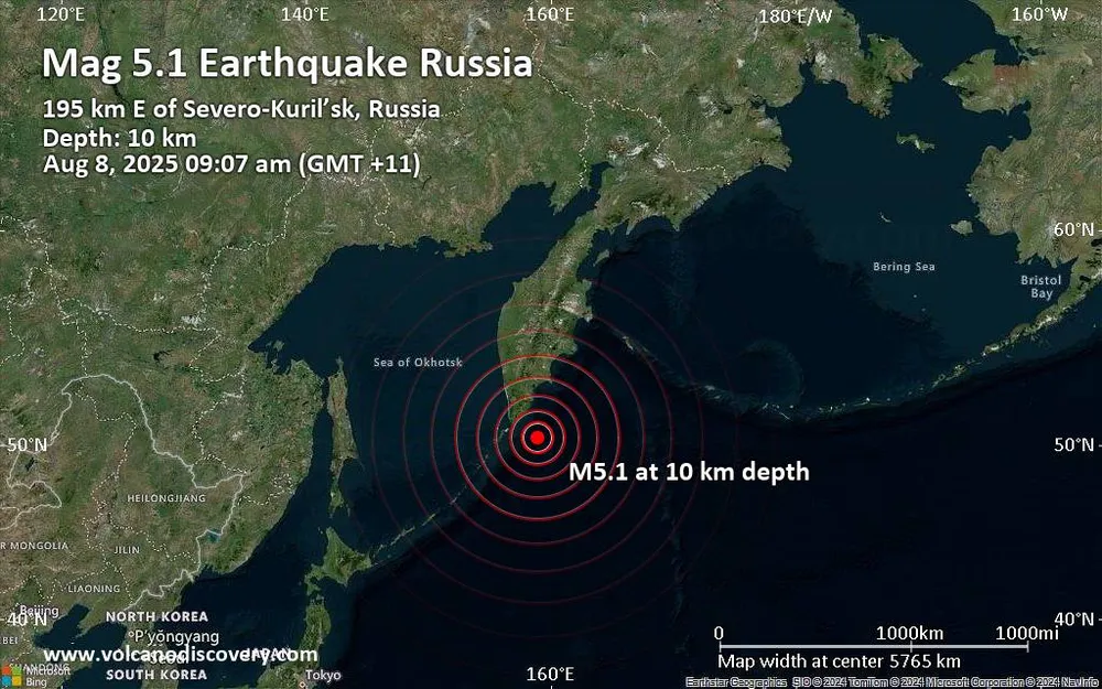 Trận động đất có độ lớn 5,1 gần thị trấn Severo-Kurilsk trên quần đảo phía Nam bán đảo Kamchatka (Nga). Ảnh : Volcano Discovery