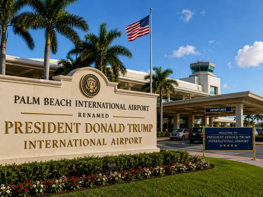 Biển báo mới chào đón hành khách sau khi Sân bay quốc tế Palm Beach chính thức được đổi tên thành Sân bay quốc tế Tổng thống Donald J. Trump. Ảnh: Sunday Guardian