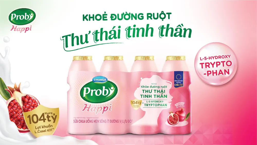 Sữa chua uống men sống ít đường vị lựu đỏ Probi Happi, bổ sung khoảng 104 tỷ lợi khuẩn Probiotics L. Casei 431TM từ châu Âu, cùng L-5-Hydroxytryptophan giúp khỏe đường ruột, thư thái tinh thần