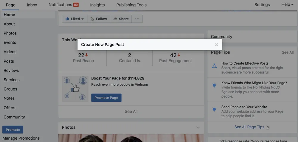 Phần quản trị trong một trang fanpage của Facebook đã không còn xuất hiện thanh trạng thái tạo bài viết mới