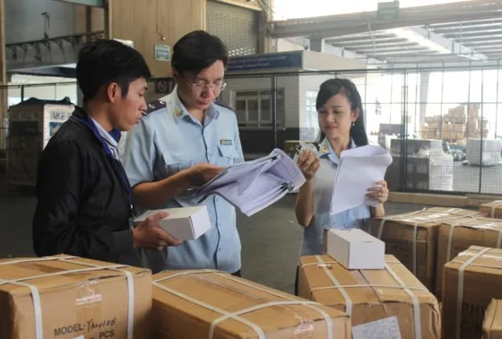 Cán bộ hải quan TPHCM kiểm tra một lô hàng tại cảng