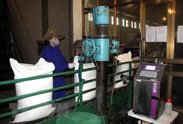 Đóng gói đường tại Công ty Cổ phần Mía đường Sơn Dương. (Ảnh: Quang Cường/TTXVN)