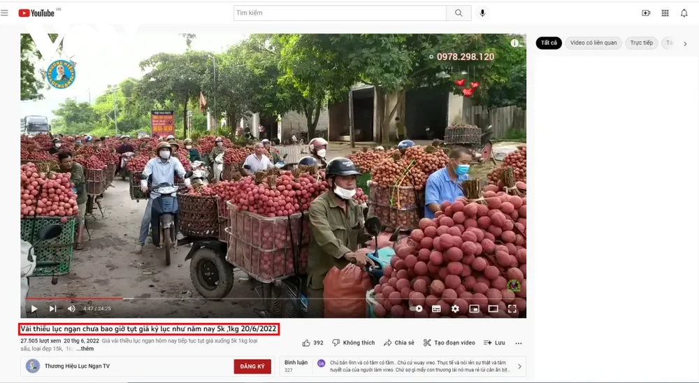 Kênh Youtube “Thương hiệu Lục Ngạn TV” đăng tải video phản ánh vải được thu mua dao động từ 10-15 nghìn đồng/kg, nhưng trên tiêu đề trang lại ghi “Vải thiều lục ngạn chưa bao giờ tụt giá kỷ lục như năm nay 5k/1kg” (ảnh chụp màn hình).