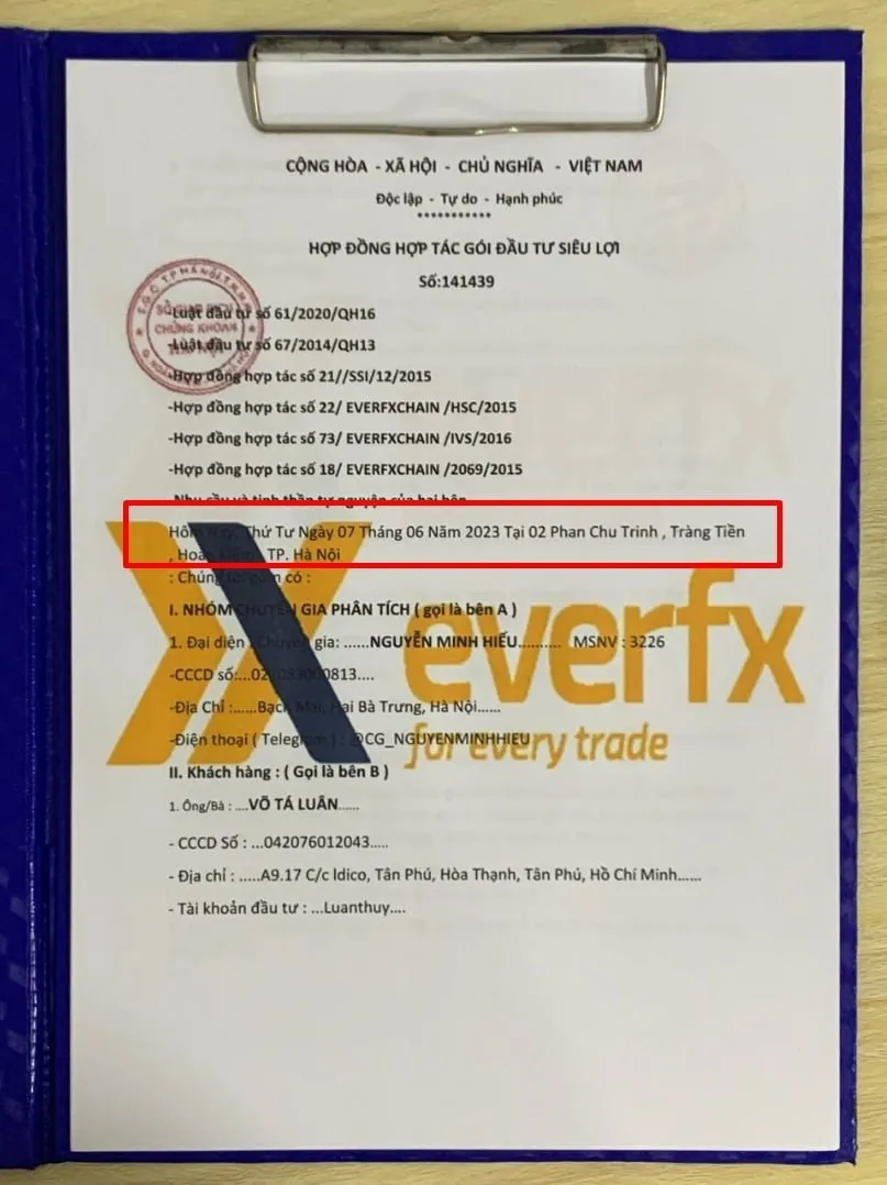 Hợp đồng lừa đảo mạo danh HNX của các đối tượng. Ảnh: HNX.