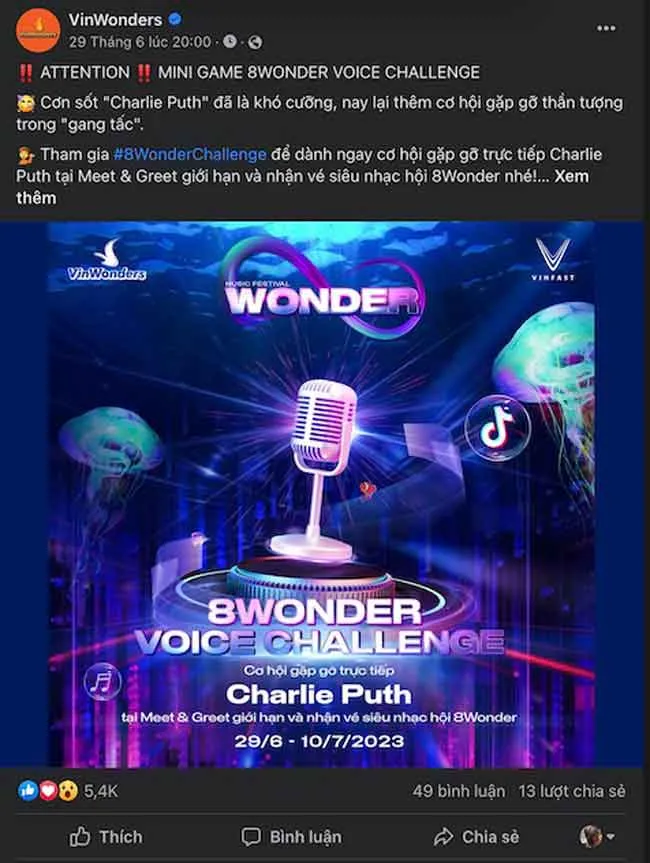 VinWonders công bố cuộc thi “8Wonder Voice Challenge” trên fanpage VinWonders công bố cuộc thi “8Wonder Voice Challenge” trên fanpage