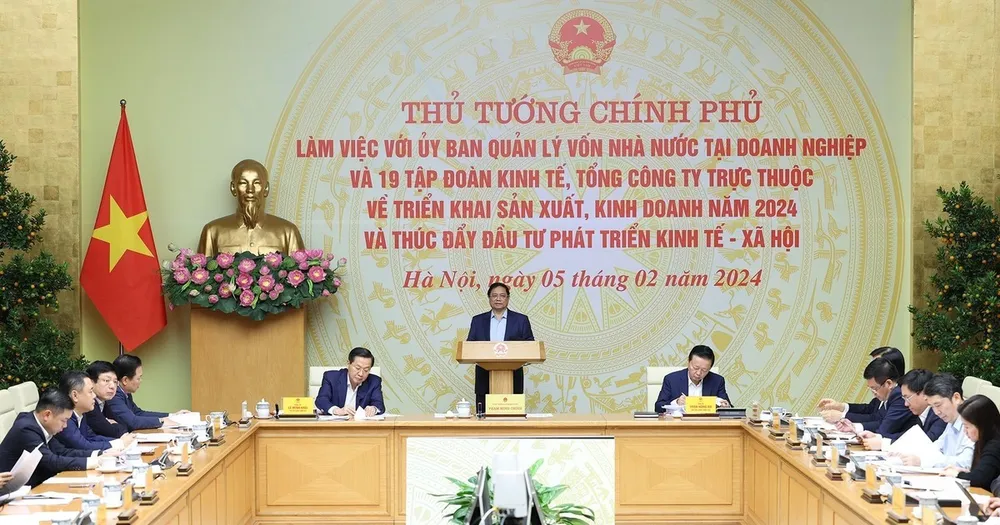 Thủ tướng Phạm Minh Chính làm việc với Ủy ban Quản lý vốn Nhà nước tại doanh nghiệp và 19 Tập đoàn, Tổng công ty. (Ảnh: Dương Giang/TTXVN)