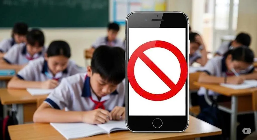 Lệnh cấm học sinh sử dụng điện thoại di động trong trường học có thể là bước đi cần thiết để đưa môi trường học đường trở lại nơi nuôi dưỡng thể chất, cảm xúc và kỹ năng sống (Ảnh minh họa: Gemini)