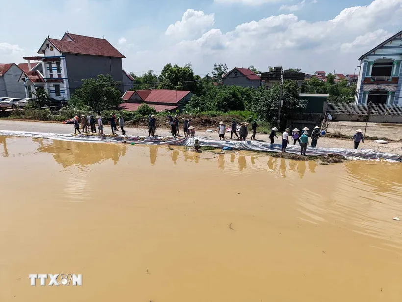 Người dân tập trung gia cố đê do nước sông Cầu dâng cao. (Ảnh: Hoàng Hiếu/TTXVN)
