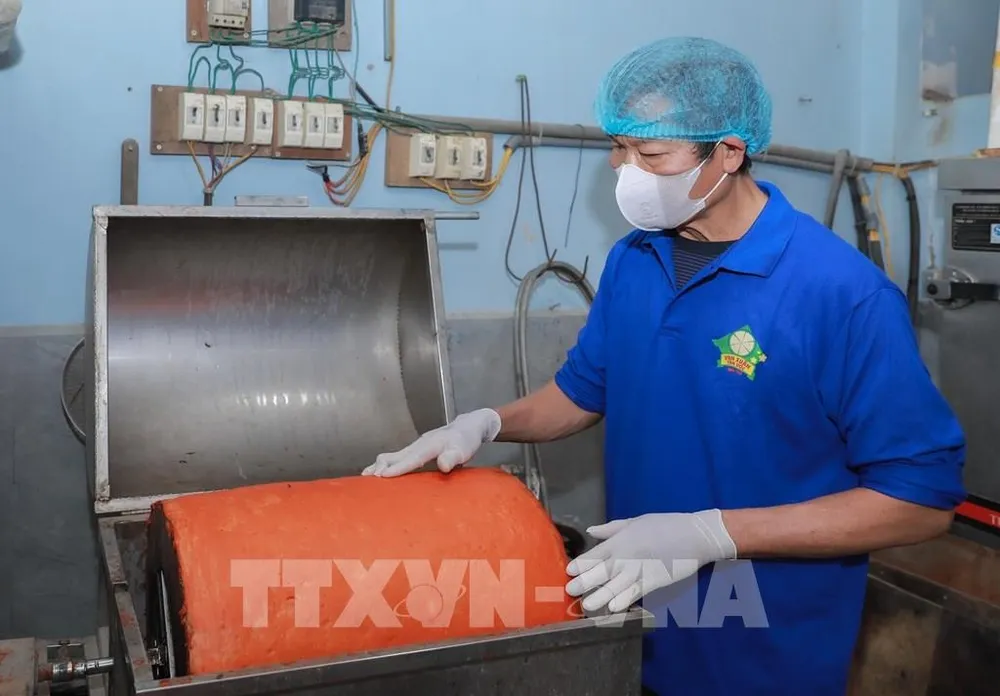 Ngày nay, dù máy móc thay thế khâu giã giò, nhưng vẫn giữ chất lượng nhờ sử dụng nước mắm cốt OCOP, thịt OCOP kết hợp ngũ vị hài hòa tạo nên giò chả Vạn Xuân Tân Ước thơm ngon. Ảnh: Phan Phương – TTXVN