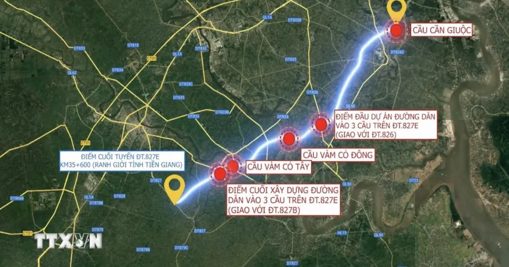 Phối cảnh tổng thể tuyến đường ĐT.827E kết nối TPHCM đi qua các xã Cần Giuộc, Cần Đước, Tân Trụ (tỉnh Tây Ninh) và Châu Thành (tỉnh Đồng Tháp). (Ảnh: Đức Hạnh/TTXVN) 