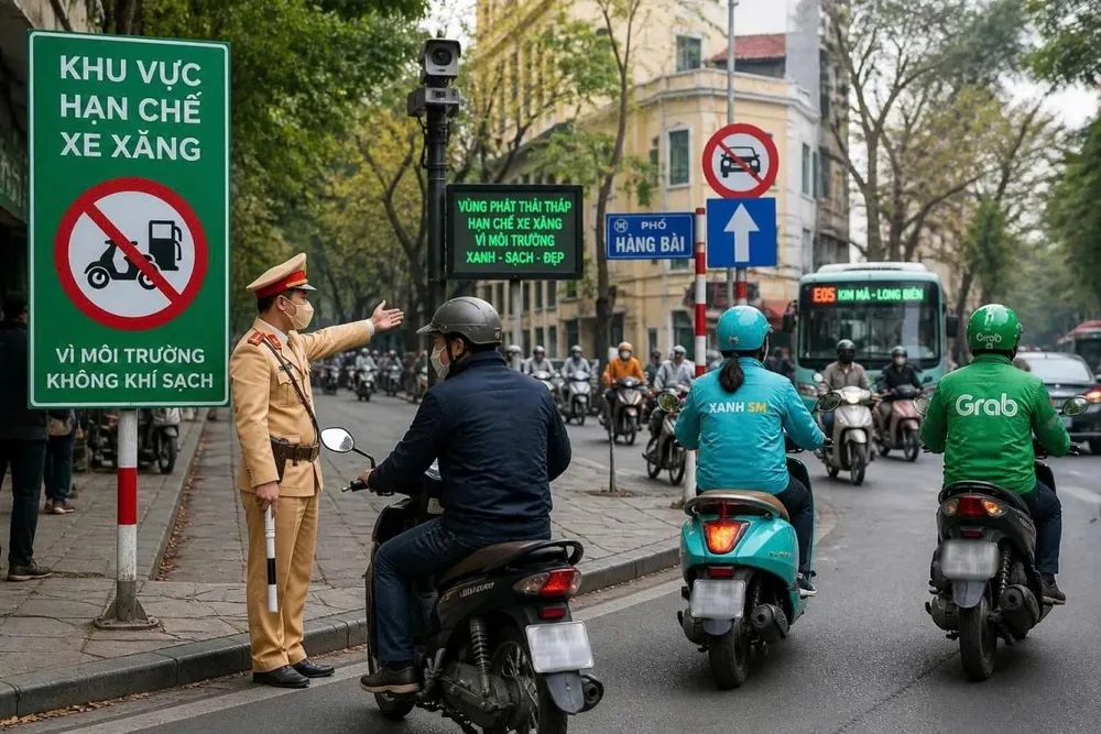 Hà Nội dự kiến thí điểm Vùng phát thải thấp, từng bước hạn chế xe chạy xăng tại một số tuyến phố trung tâm (Ảnh minh họa: ChatGPT)
