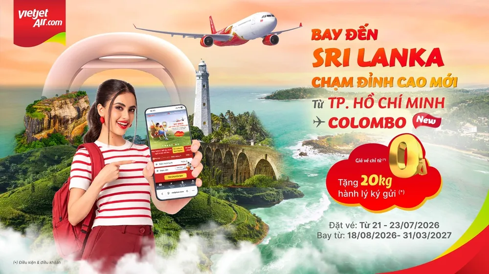 Vietjet khuyến mại vé 0 đồng chặng bay TPHCM - Colombo