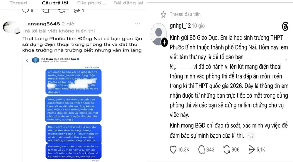 Các Tài khoản trên mạng xã hội đăng tải các nội dung có liên quan việc gian lận trong thi cử