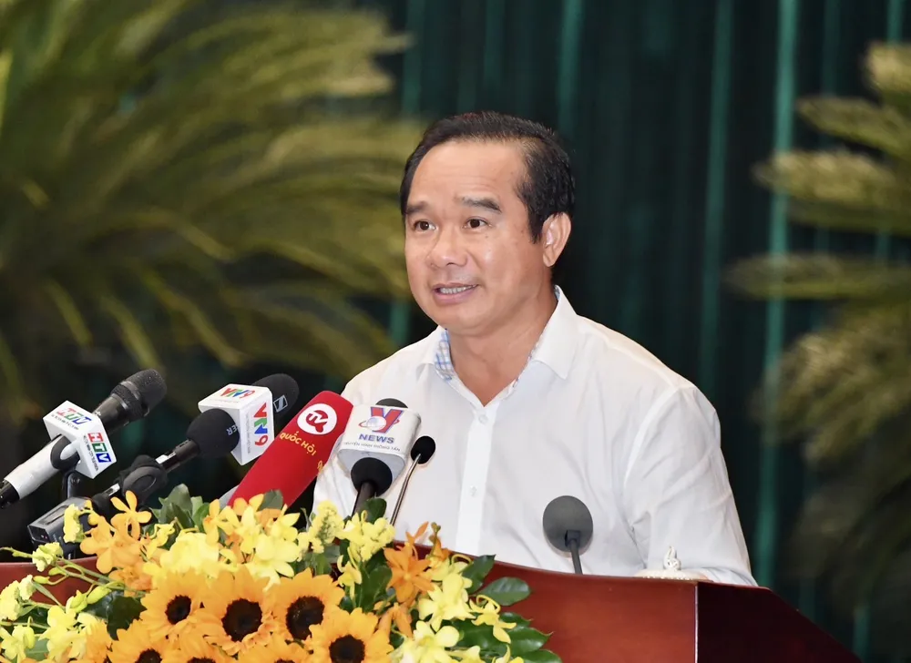 Bí thư Tỉnh ủy tỉnh Long An Nguyễn Văn Được phát biểu tại hội nghị. Ảnh: VIỆT DŨNG