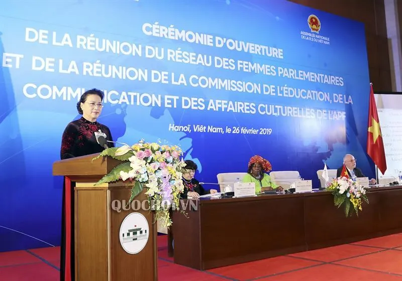 Chủ tịch Quốc hội Nguyễn Thị Kim Ngân phát biểu khai mạc Hội nghị Mạng lưới Nữ nghị sĩ, Hội nghị Ủy ban Giáo dục, Truyền thông và Văn hóa của Liên minh Nghị viện Pháp ngữ (APF)
