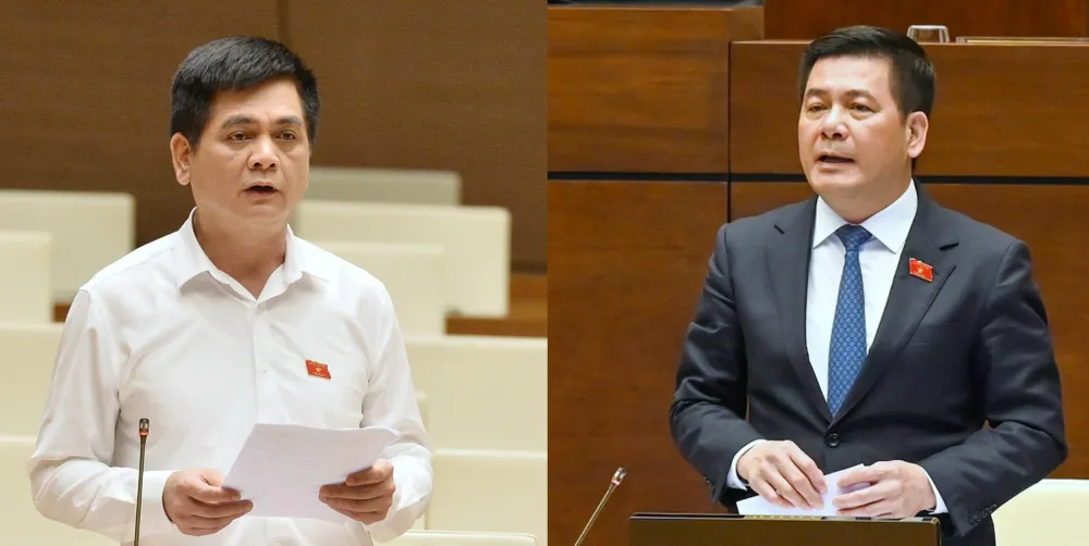 ĐB Nguyễn Lâm Thành (Thái Nguyên) và Bộ trưởng Bộ Công  thương Nguyễn Hồng Diên (bên phải). Ảnh: QUANG PHÚC  