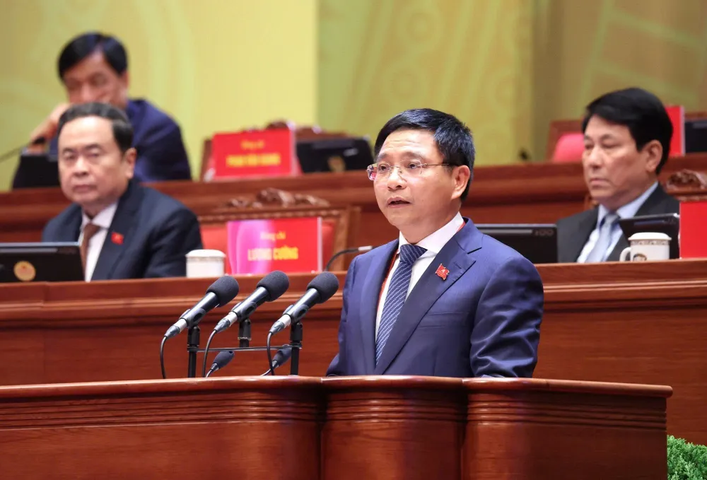 Bộ trưởng Bộ Tài chính Nguyễn Văn Thắng Trình bày tham luận tại Đại hội đại biểu toàn quốc lần thứ XIV của Đảng, chiều 21-1. Ảnh: VIẾT CHUNG