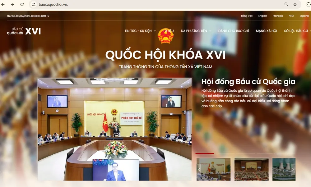 Giao diện chuyên trang thông tin về bầu cử đại biểu Quốc hội khóa XVI và đại biểu HĐND các cấp nhiệm kỳ 2026 - 2031