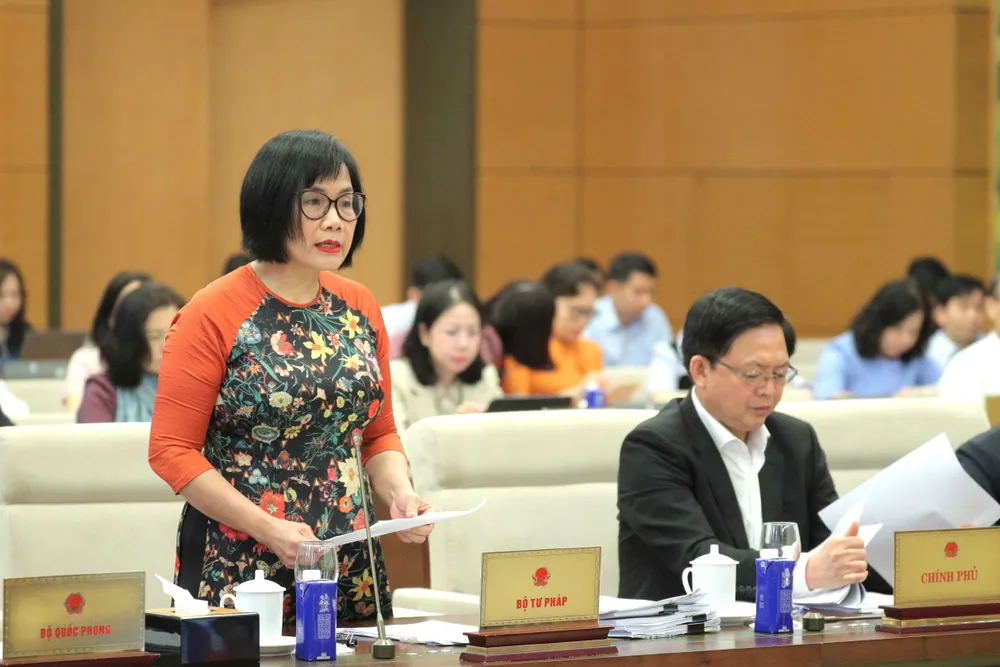 Thứ trưởng Bộ Tư pháp Đặng Hoàng Oanh trình bày tờ trình các dự án luật. Ảnh: VIẾT CHUNG