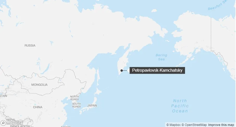 Khu vực xảy ra động đất tại bán đảo Kamchatka. Ảnh: MAPBOX
