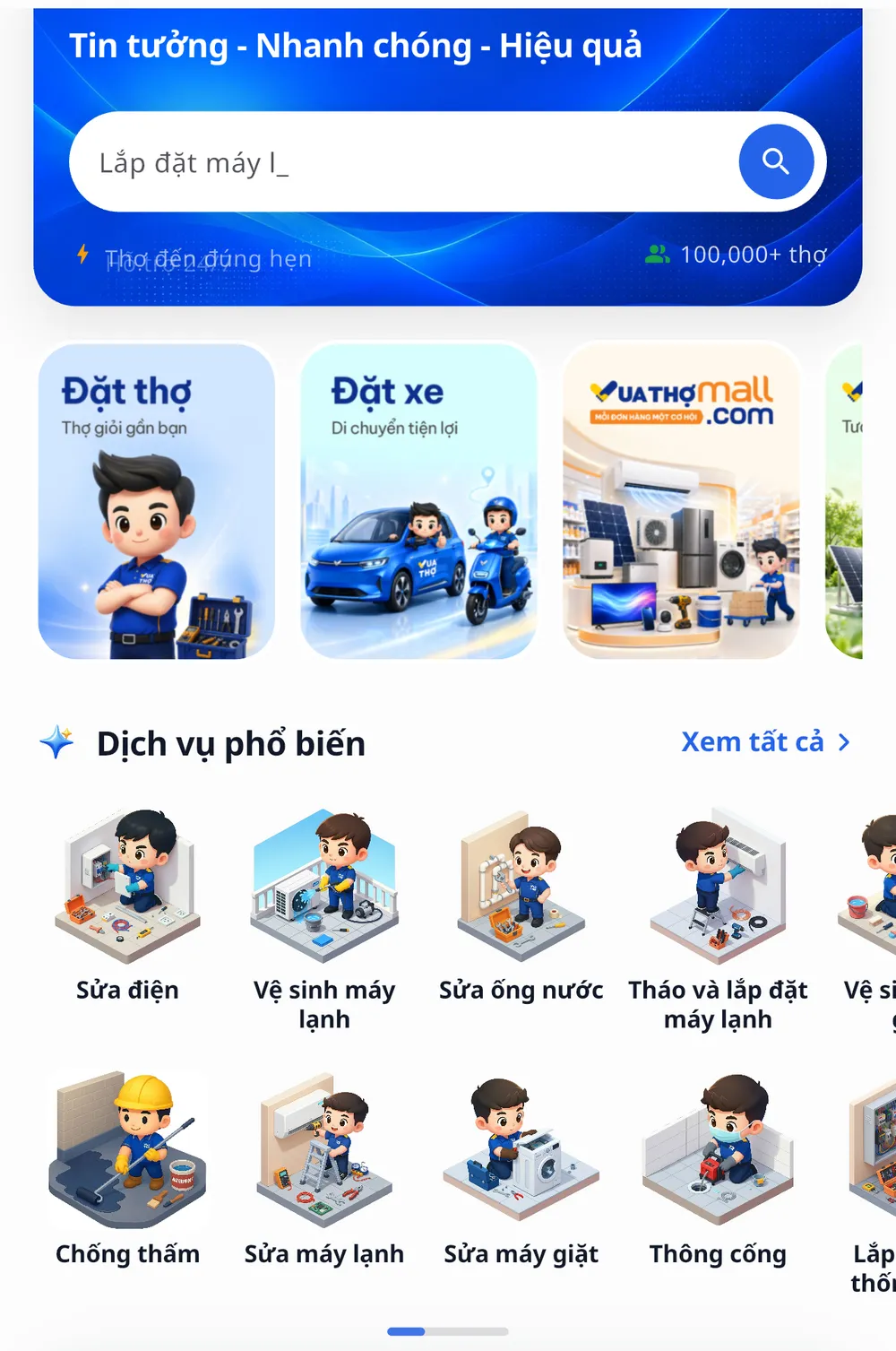 App Vua Thợ hiển thị các dịch vụ cụ thể, thuận tiện để khách hàng thao tác lựa chọn
