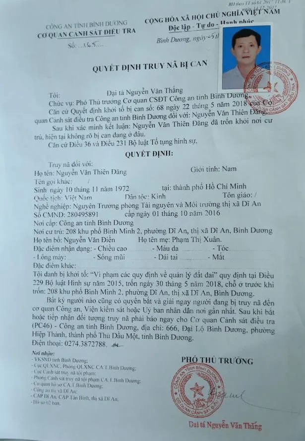 Truy nã nguyên Trưởng phòng Tài nguyên Môi Trường thị xã Dĩ An, tỉnh Bình Dương ảnh 1
