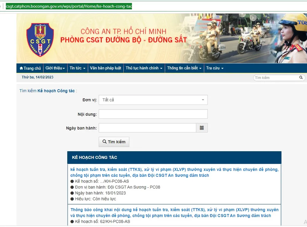 Các kế hoạch tuần tra kiểm soát, xử lý vi phạm và thực hiện chuyên đề của CSGT TPHCM được đăng công khai trên Trang Thông tin điện tử của đơn vị