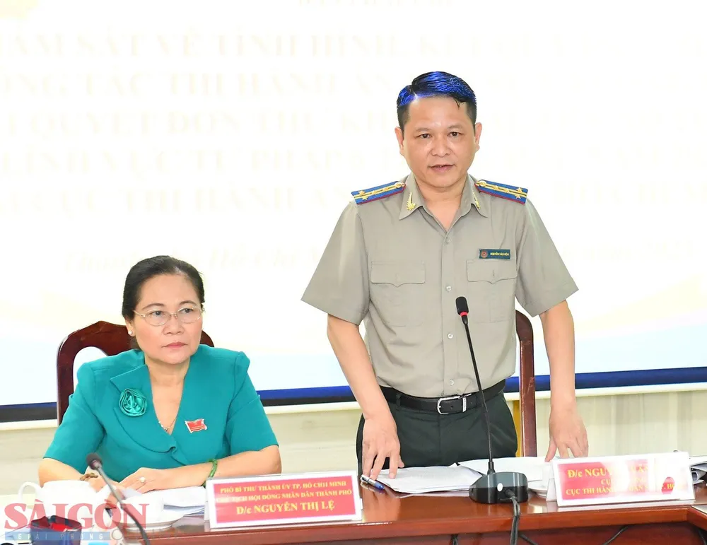 Ông Nguyễn Văn Hòa, Cục trưởng Cục THADS TPHCM báo cáo với Ban Pháp chế HĐND TPHCM. Ảnh: VIỆT DŨNG