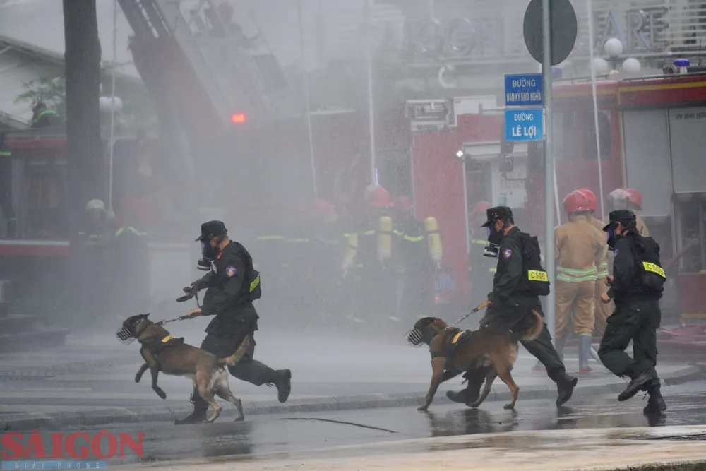 Cảnh sát Cơ động cùng chó nghiệp vụ được huy động để tìm người mắc kẹt trong tòa nhà. Ảnh: HOÀNG HÙNG