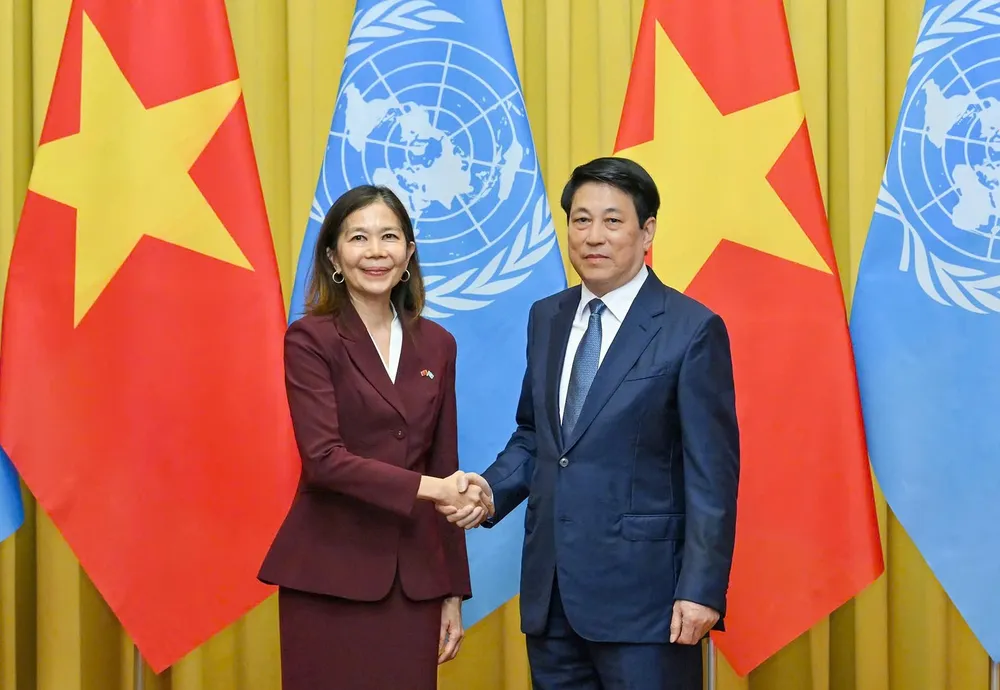 Chủ tịch nước Lương Cường tiếp bà Pauline Tamesis, Điều phối viên thường trú và các Trưởng đại diện các tổ chức của Liên hợp quốc tại Việt Nam, chiều 18-9. Ảnh: VIẾT CHUNG