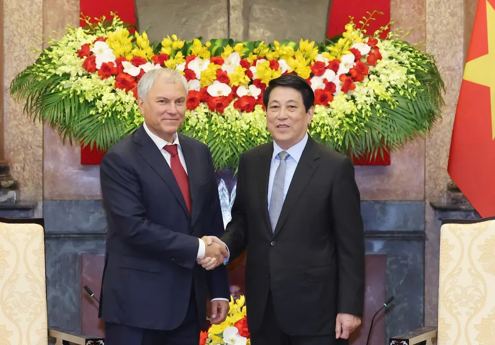 Chủ tịch nước Lương Cường tiếp Chủ tịch Duma Quốc gia Quốc hội Nga Vyacheslav Volodin. Ảnh: QUANG PHÚC.