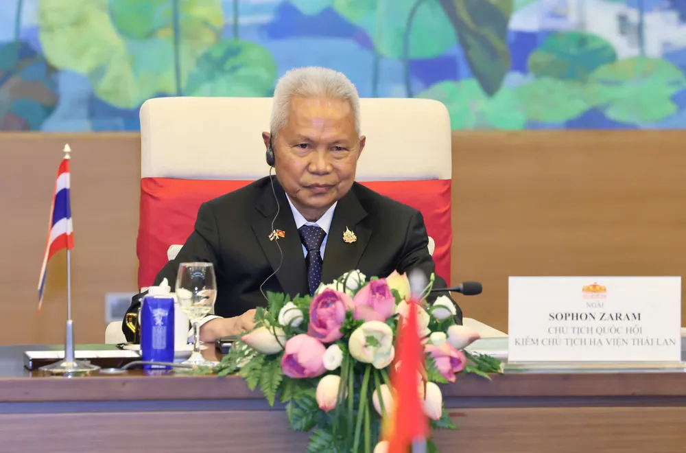 Chủ tịch Quốc hội kiêm Chủ tịch Hạ viện Vương quốc Thái Lan Sophon Zaram phát biểu tại hội đàm, chiều 5-8. Ảnh: QUANG PHÚC