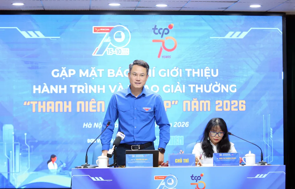 Anh Nguyễn Kim Quy, Bí thư Trung ương Đoàn, Phó Chủ tịch Thường trực Trung ương Hội Liên hiệp Thanh niên Việt Nam, phát biểu tại họp báo. Ảnh: THANH HẢI