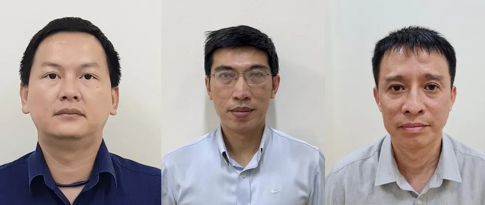Các bị can (từ trái qua): Nguyễn Tiến Thân, Nguyễn Quang Linh và Nguyễn Thanh Hải. Ảnh: Bộ Công an