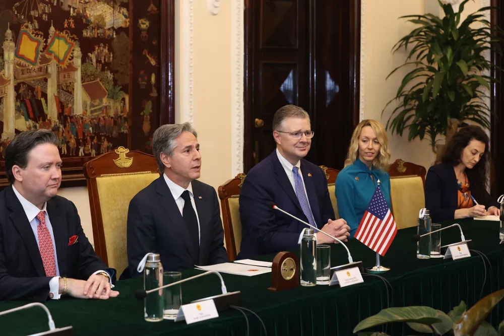 Ngoại trưởng Antony Blinken tại hội đàm. Ảnh: VIẾT CHUNG