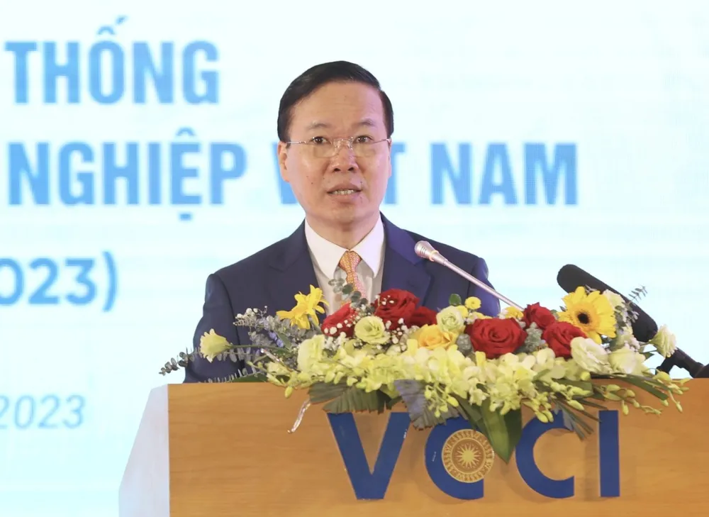 Chủ tịch nước Võ Văn Thưởng phát biểu tại lễ kỷ niệm 60 năm ngày thành lập VCCI. Ảnh: VIẾT CHUNG