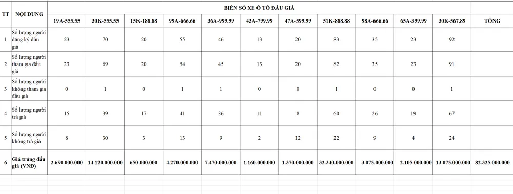 Danh sách các biển số trúng đấu giá