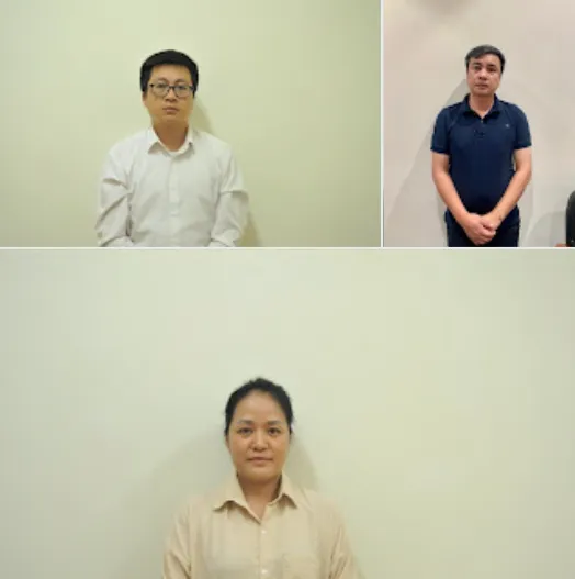 Các bị can từ trái qua phải, từ trên xuống: Trần Tuấn Vinh, Trần Vinh Quang và Phan Thị Thu Thủy