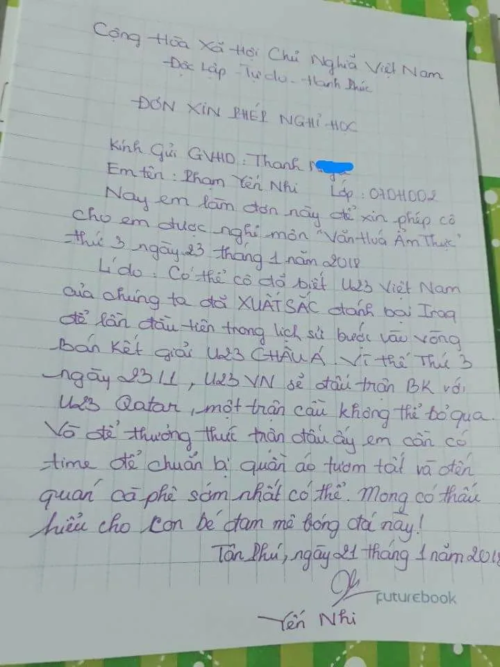 Fan cuồng U23 Việt Nam viết đơn xin nghỉ học để đi cổ vũ đội nhà ảnh 1