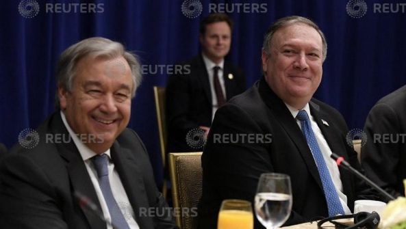 美國國務卿蓬佩奧與聯合國秘書長古特雷斯.2018-09-27 路透社。