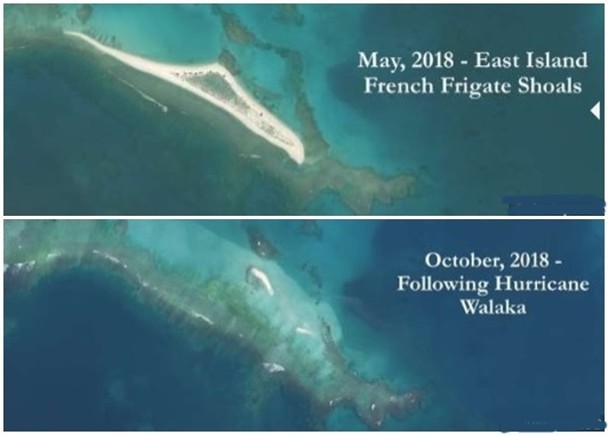 東島於今年五月(上圖)及經歷颶風吹襲後(下圖)的情況。