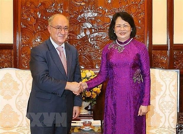 國家副主席鄧氏玉盛昨(16)日下午在主席府接見了德國世界大學服務機構主席、越德大學委員會委員卡姆比斯‧加瓦米。（圖源：TTXVN）