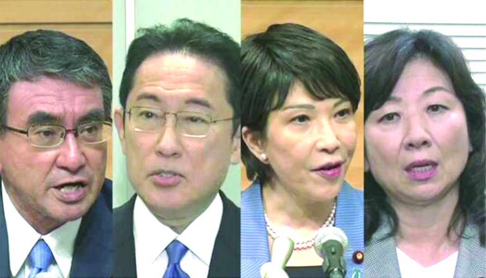 日媒報導截圖：（左起）河野太郎，岸田文雄，高市早苗，野田聖子。