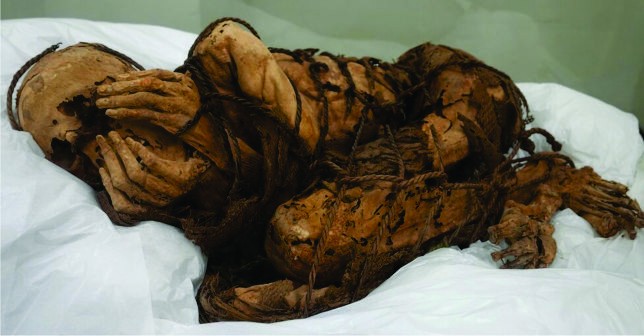 木乃伊保存完好，被繩子綁並用手蒙住臉。（圖源：互聯網）