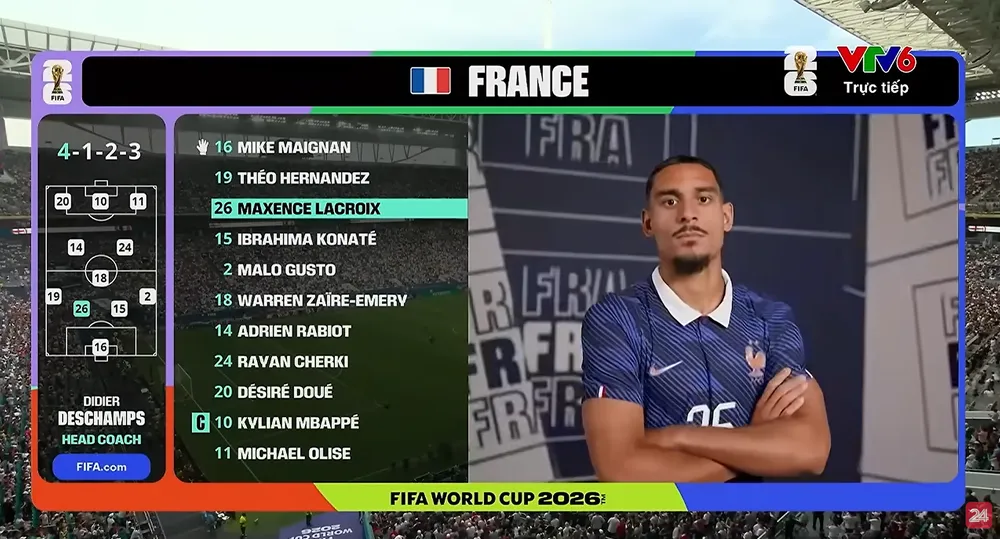 Lacroix trong đội hình xuất phát của tuyển Pháp ở trận tranh Hạng 3 World Cup 2026