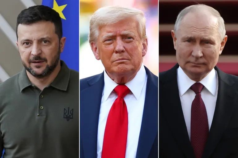 俄罗斯总统弗拉基米尔•普京（右）、美国总统唐纳德•特朗普（中）和乌克兰总统弗拉基米尔•泽连斯基。